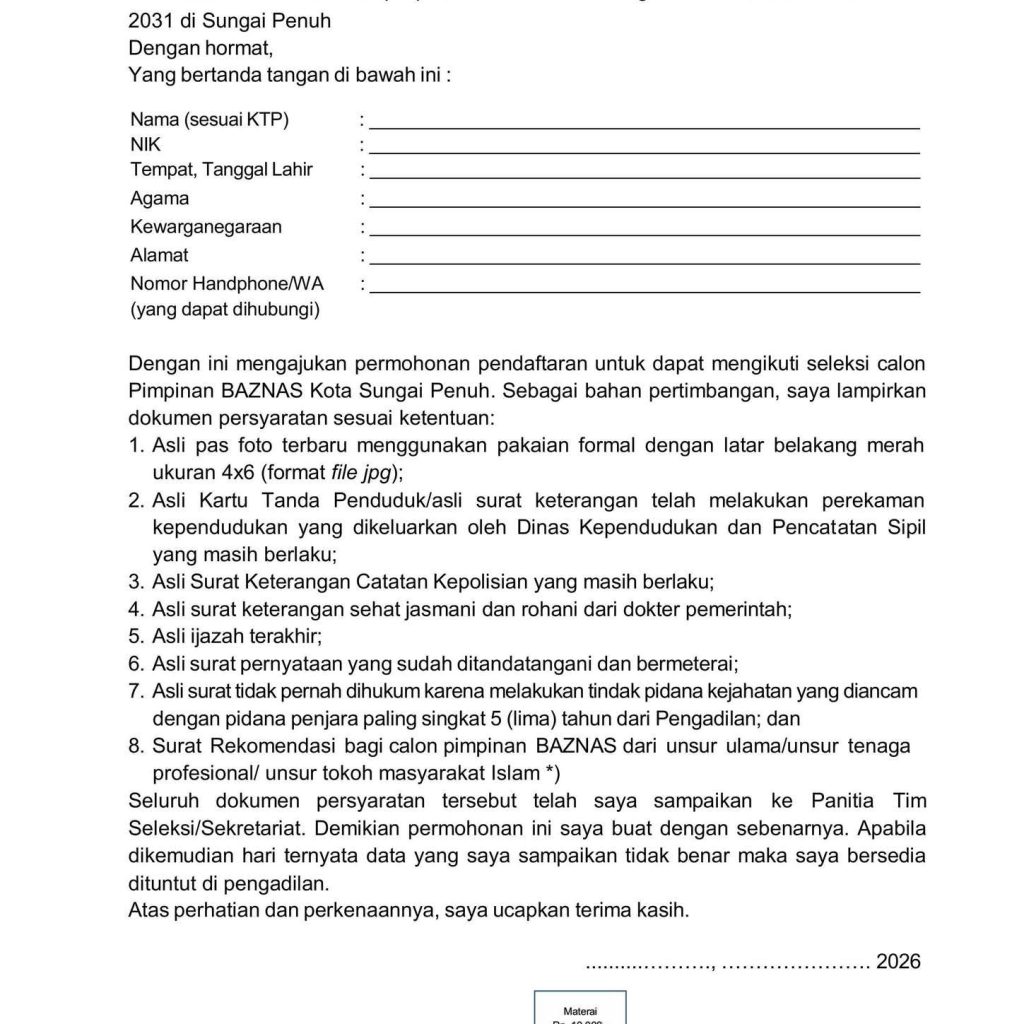 Pendaftaran Seleksi Pimpinan Baznas Kota Sungai Penuh Periode 2026-2031 Diperpanjang