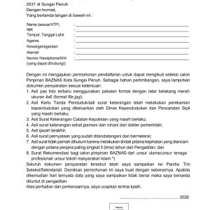 Pendaftaran Seleksi Pimpinan Baznas Kota Sungai Penuh Periode 2026-2031 Diperpanjang