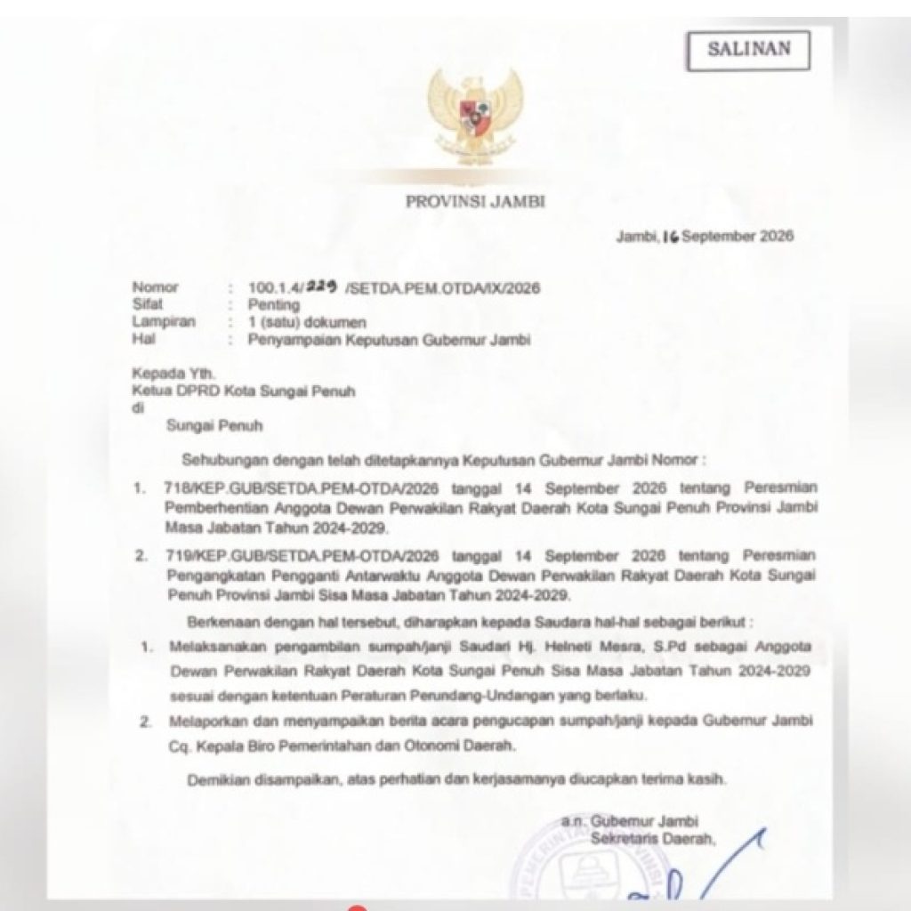 Hj. Helneti Mesra Segera Dilantik Sebagai PAW Anggota DPRD Kota Sungai Penuh